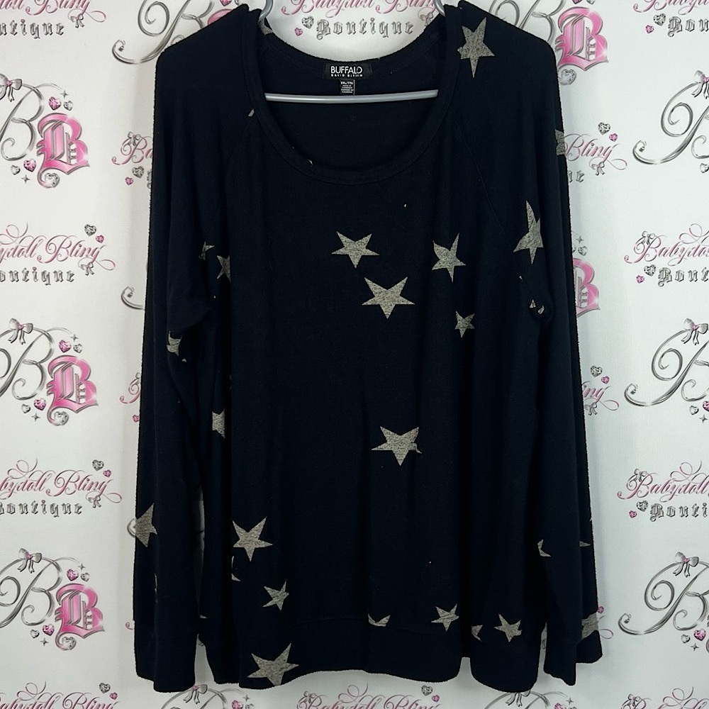 Buffalo David Bitton sweater pull over Black and Silver gold Star Sweatshirt